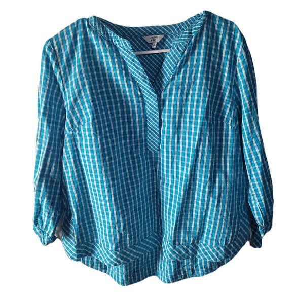 crown & ivy Tops - Crown & Ivy Womens Large Blue & White Summer Long Sleeve Top Blouse Shirt